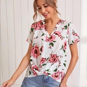 Floral popover blouse v neck top medium